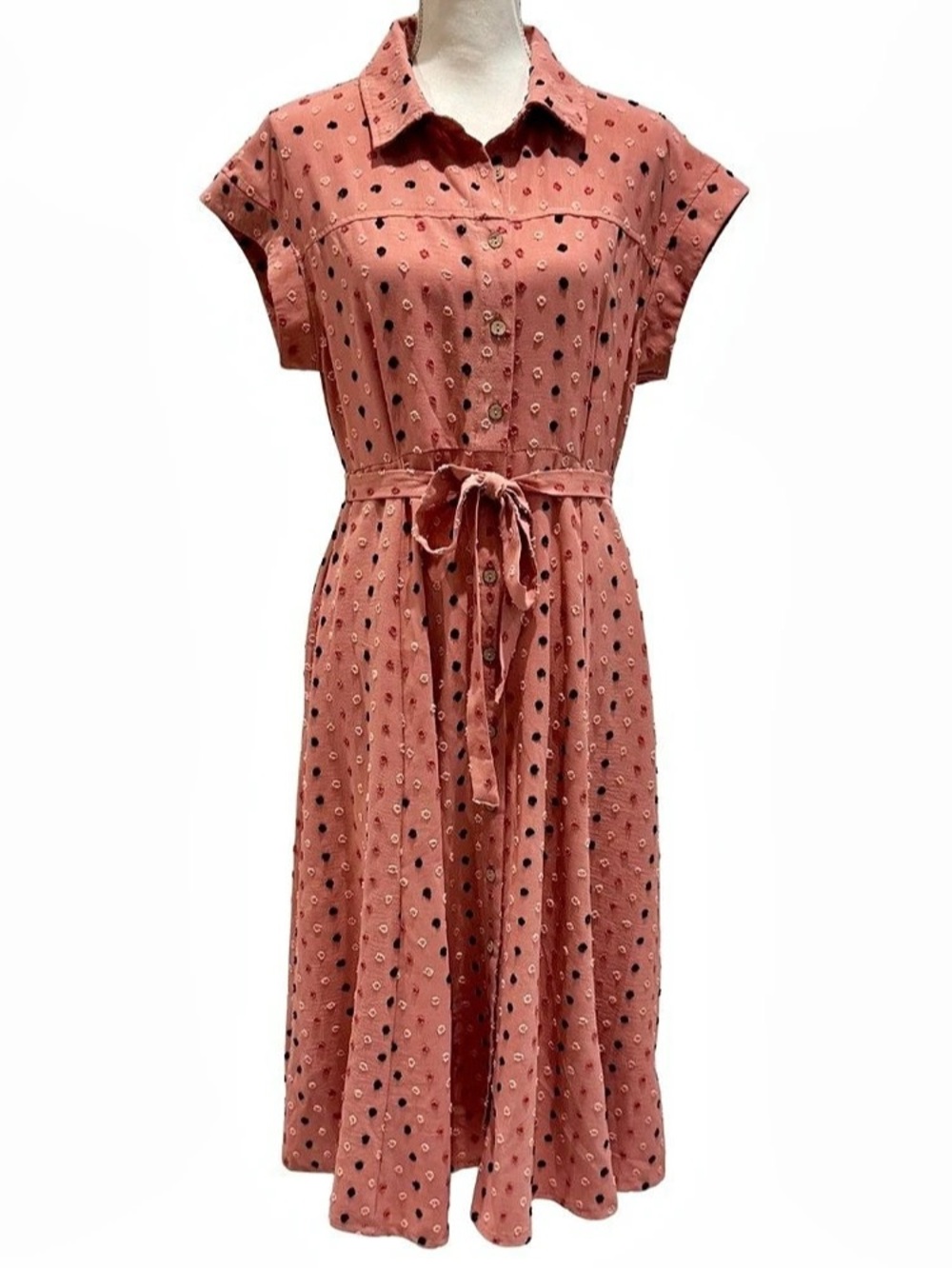 Nina Leonard Polka Dot Midi Dress in Blush Pink - Medium - Like NEW!